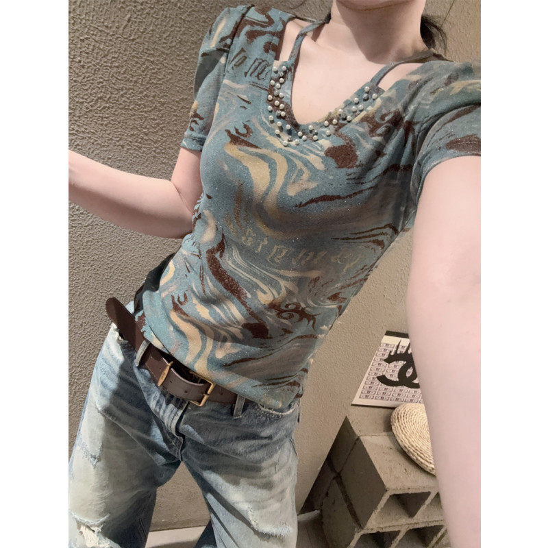 性感挂脖V领短袖T恤女时尚钉珠气质弹力紧身网纱印花上衣露锁骨夏