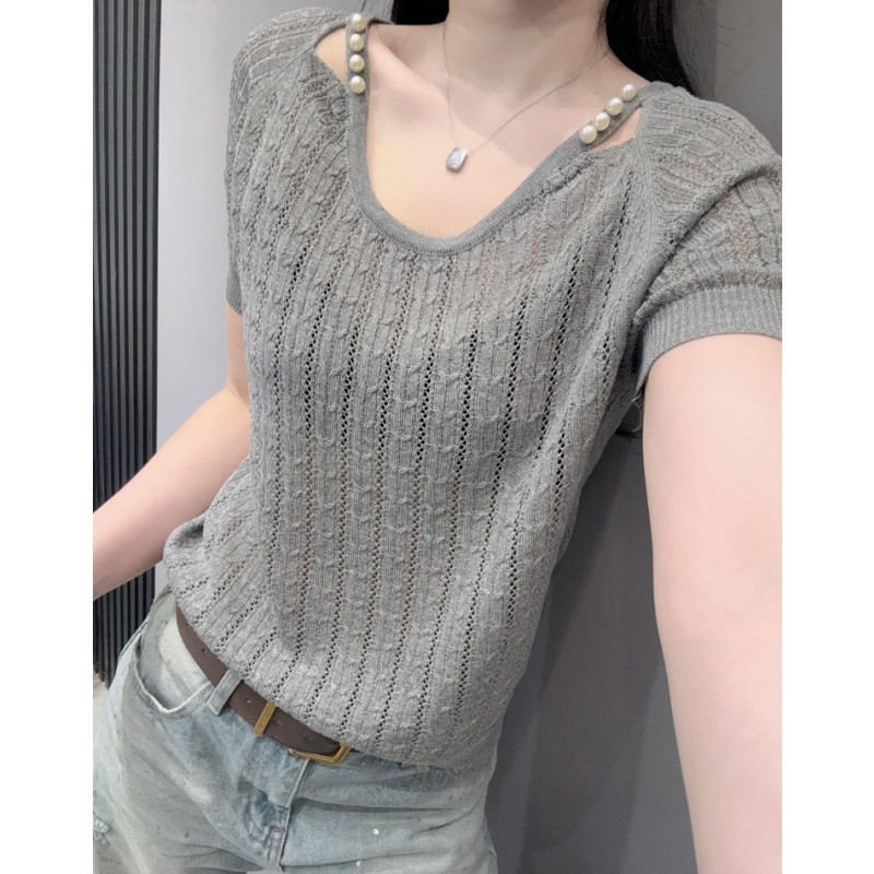 麻花镂空短袖女冰丝针织衫