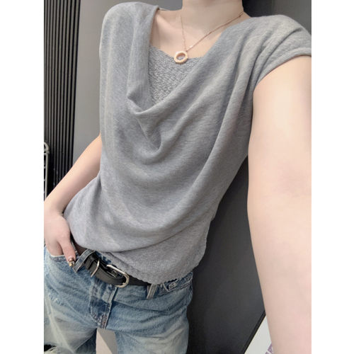 露锁骨荡领短袖女冰丝针织衫