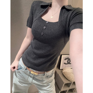 纯欲风方领短袖女冰丝针织衫高级感洋气百搭紧身翻领上衣小衫夏天