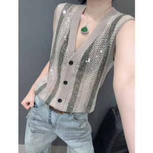 深V领条纹背心女针织衫叠穿罩衫洋气宽松开衫无袖上衣闪闪亮片夏v