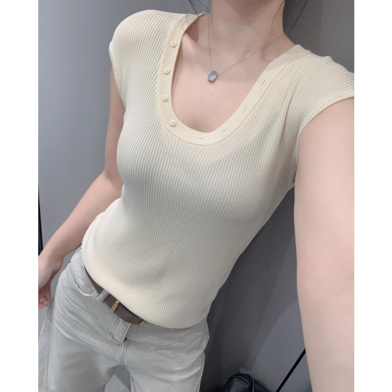 露锁骨U领短袖女冰丝针织衫设计感洋气百搭紧身低圆领上衣半袖夏