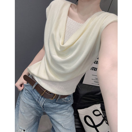 不规则荡领短袖女冰丝针织衫修身