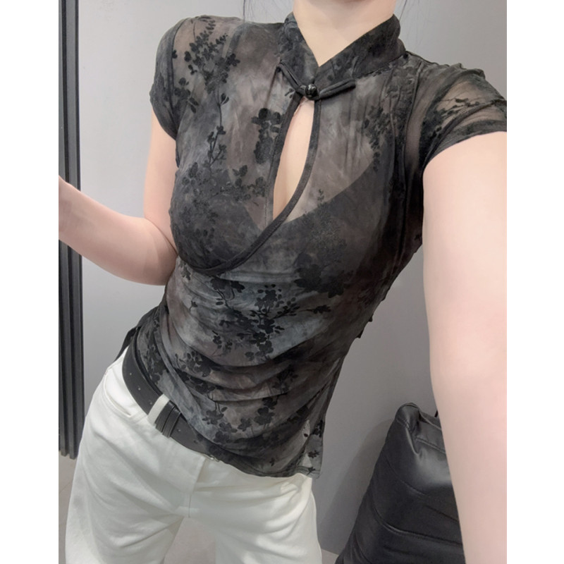 新中式盘扣立领短袖T恤女性感