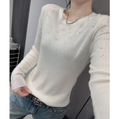 烫钻圆领女长袖 针织衫 洋气百搭显瘦修身 时尚 毛衣打底小衫 上衣秋冬