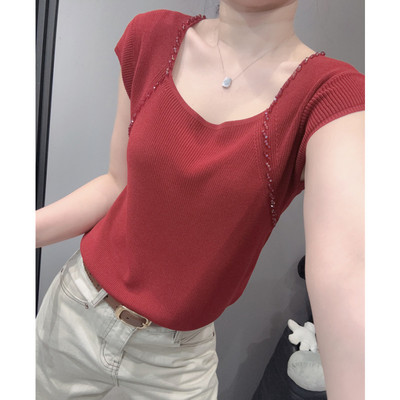 性感露锁骨冰丝针织衫短袖女