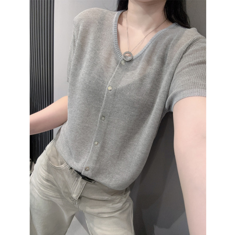 纽扣开衫女冰丝针织衫短袖气质简约百搭显瘦宽松V领时髦上衣夏季