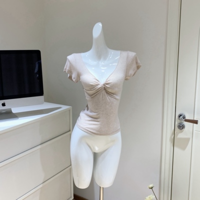 sheepland天使肌肤2.0天丝羊毛v领扭结短袖t恤女春夏慵懒显瘦上衣