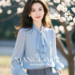 2026春装轻熟法式小众蓝色雪纺灯笼袖飘带衬衫女上衣独特漂亮小衫