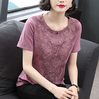 Áo thun nữ tay ngắn cotton 2019 hè mới trung niên áo ren nửa tay rộng cỡ mẹ 40 tuổi - Quần áo của mẹ ao dam trung nien