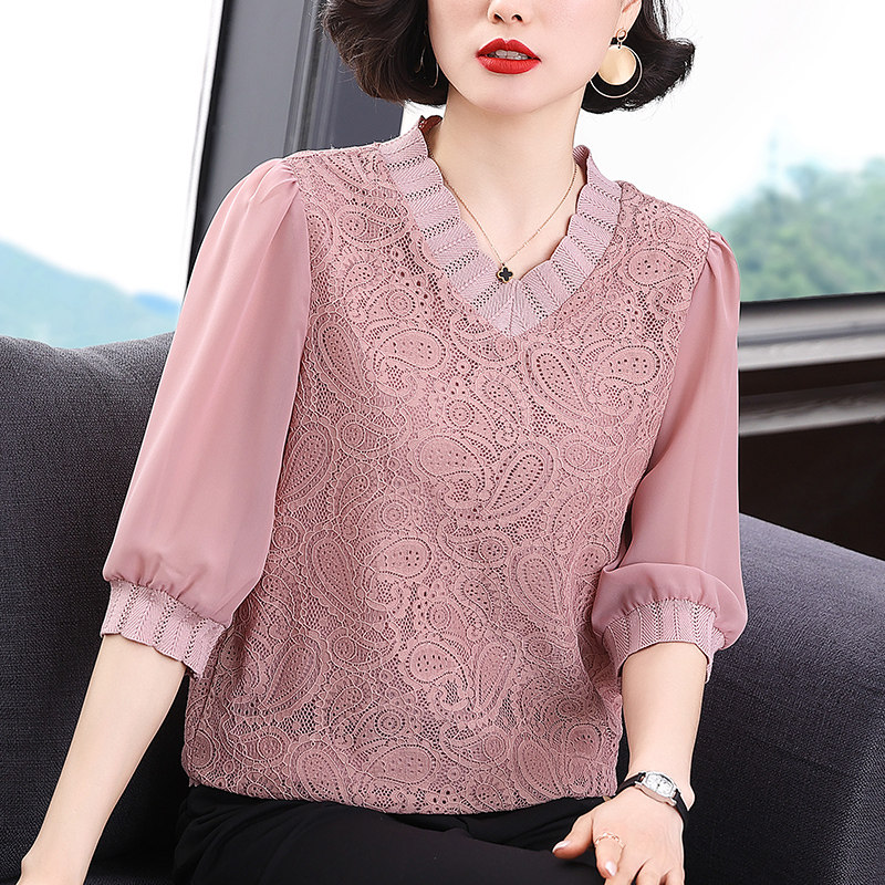 蕾丝雪纺衫女2021年新款大码洋气夏季薄款妈妈上衣七分袖小衫女装