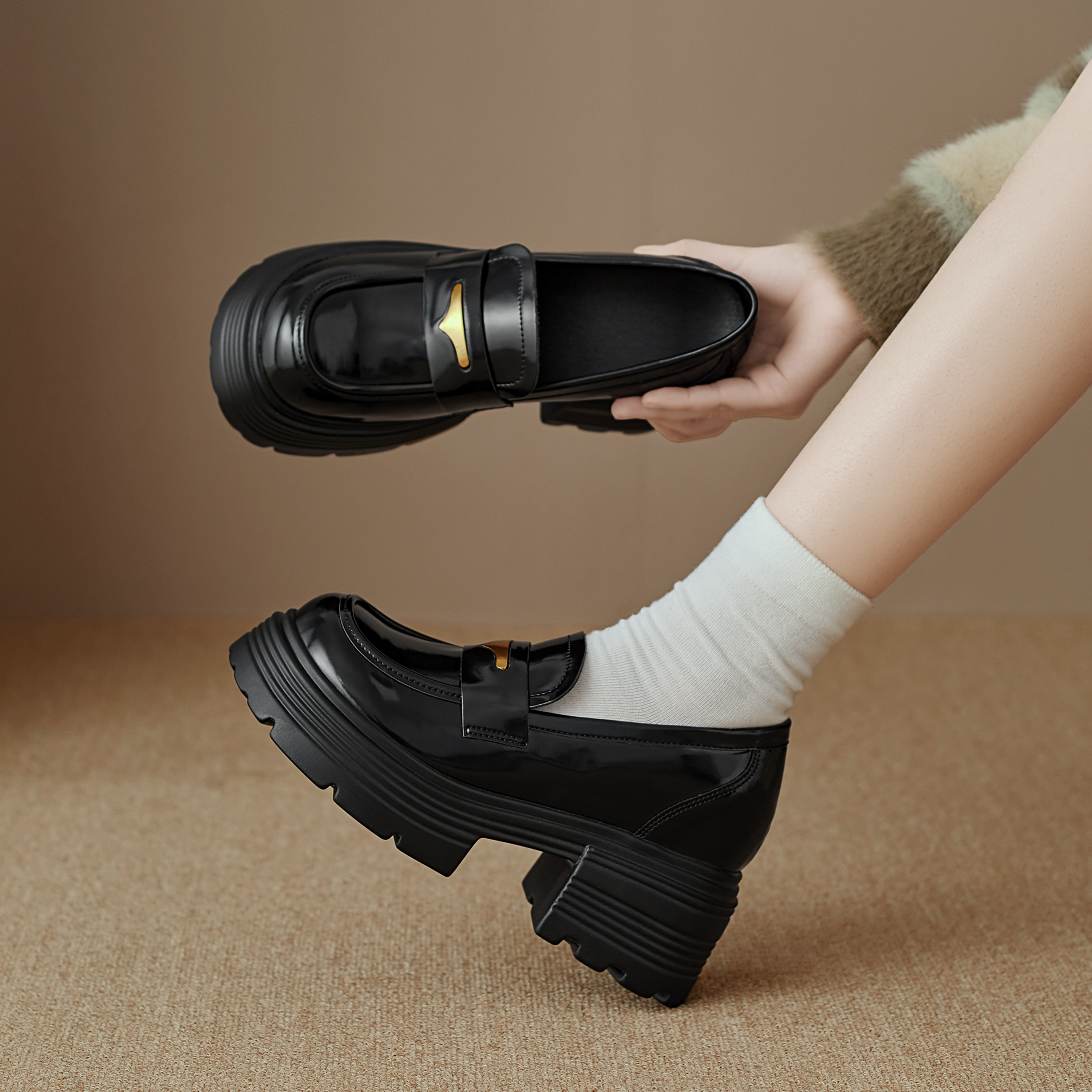 真皮厚底乐福鞋女2026春季新款百搭一脚蹬内增高松糕鞋黑色小皮鞋,女鞋,乐福鞋（豆豆鞋）,淘宝优惠券,粉丝福利购,淘宝优惠卷