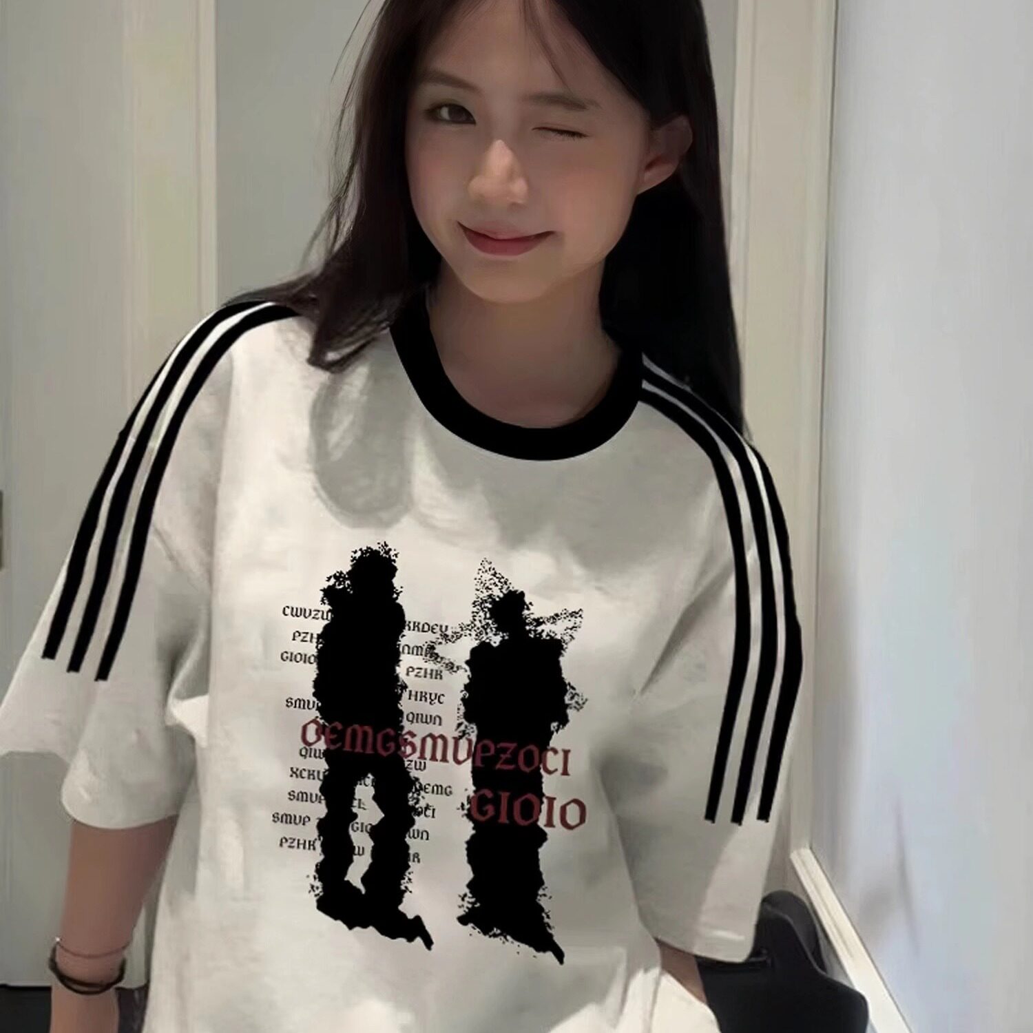 复古三条杠短袖女大童t恤2025新款夏季初中高中学生宽松半袖上衣