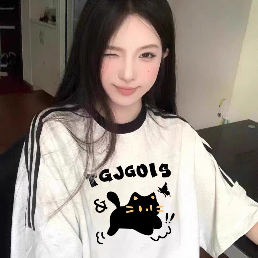 猫咪纯棉短袖t恤女夏季2025新款设计感小众宽松三杠体恤上衣服装