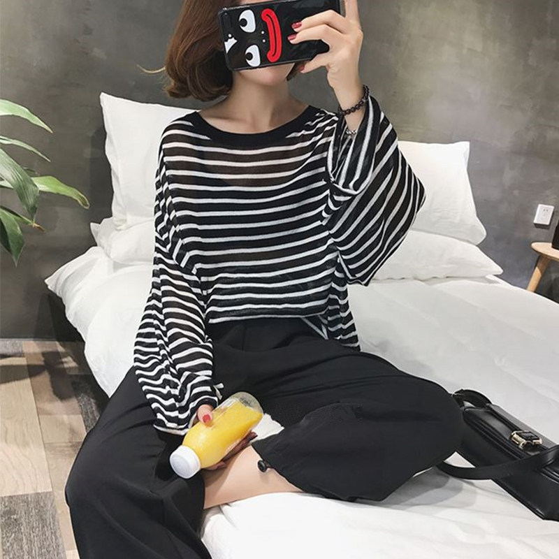 夏装中长款宽松慵懒风镂空冰丝针织衫女春长袖薄款条纹防晒上衣女