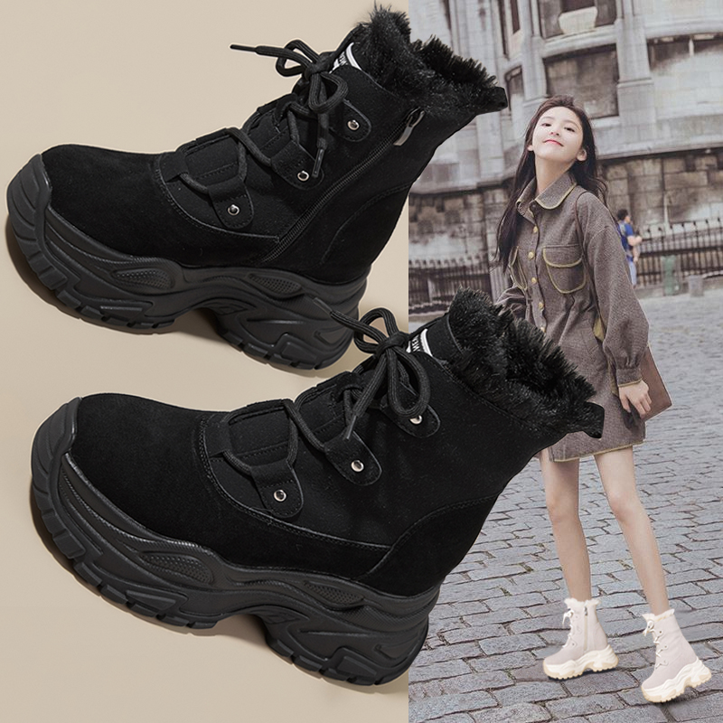 厚底冬季加绒保暖真皮雪地靴显瘦