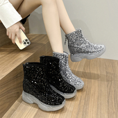 内增高8CM秋冬加绒小众高帮百搭 韩版 厚底时尚 亮片短靴女2025新款