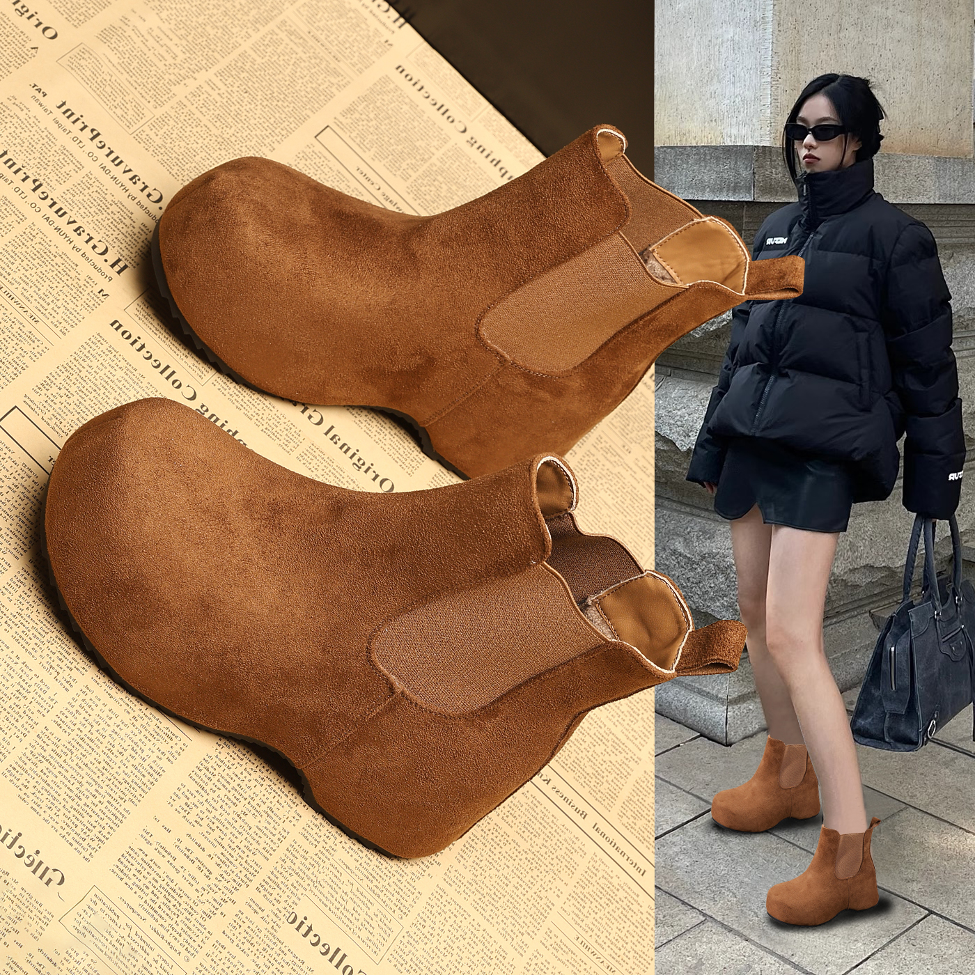 厚底复古秋冬新款加绒切尔西短靴