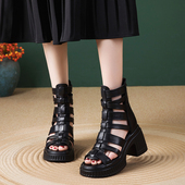 欧州站厚底真皮镂空透气凉靴女新款 夏季 黑色粗跟增高罗马风短靴子