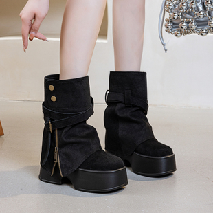 厚底两穿裤 内增高11CM休闲真皮松糕短靴子显瘦 管靴女2024秋冬新款