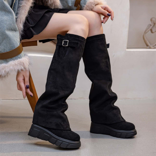 厚底内增高10CM两穿裤 秋冬加绒堆堆靴复古高筒靴子 管靴女2025新款
