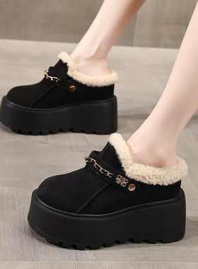 黑色毛绒勃肯棉拖鞋女爆款款厚底增高10CM懒人松糕保暖懒人面包鞋