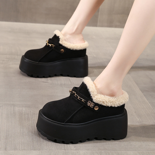 黑色毛绒勃肯棉拖鞋女爆款款厚底增高10CM懒人松糕保暖懒人面包鞋
