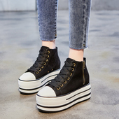 休闲板鞋 网红拉链高帮鞋 厚底内增高松糕黑色单鞋 女鞋 百搭 2024新款