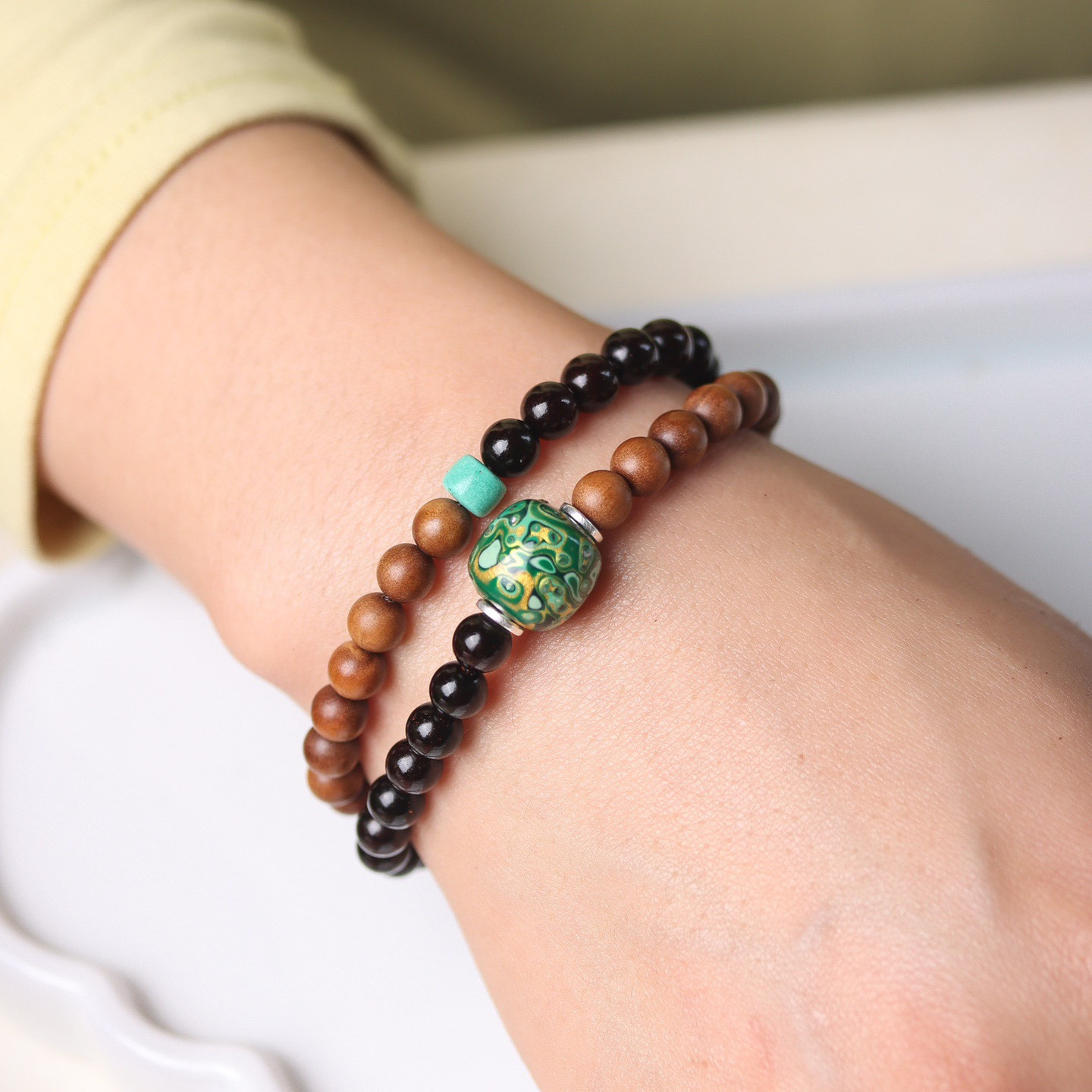 印度小叶紫檀大漆转运珠檀香双圈手串招财纳福国风文玩佛珠女手链