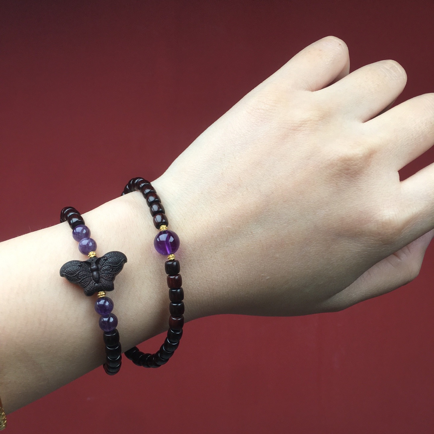 印度小叶紫檀手串双圈蝴蝶百搭叠戴招财转运补木手链女款檀木文玩