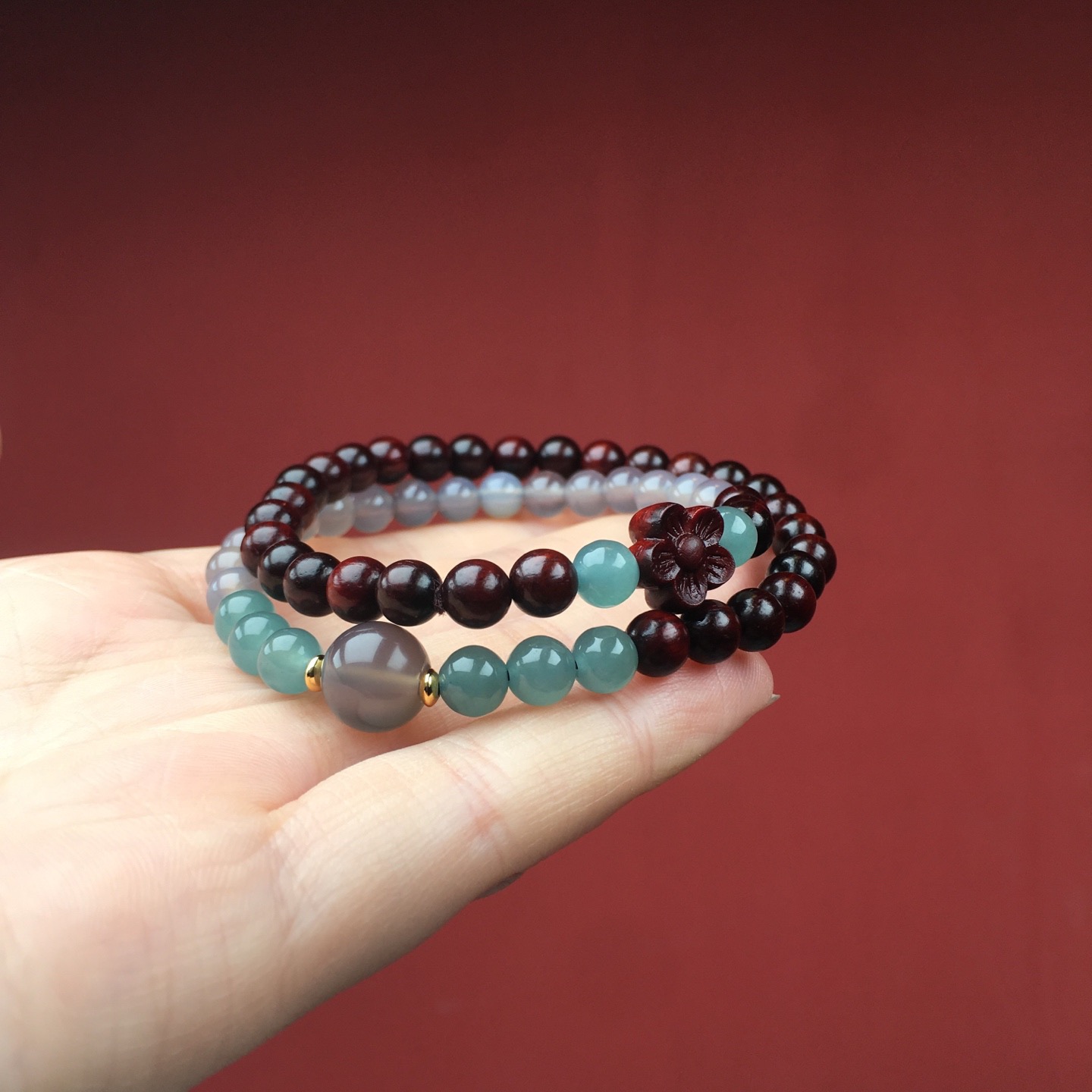 印度小叶紫檀手串双圈百搭蓝翡招财转运补木手链女款檀木文玩佛珠