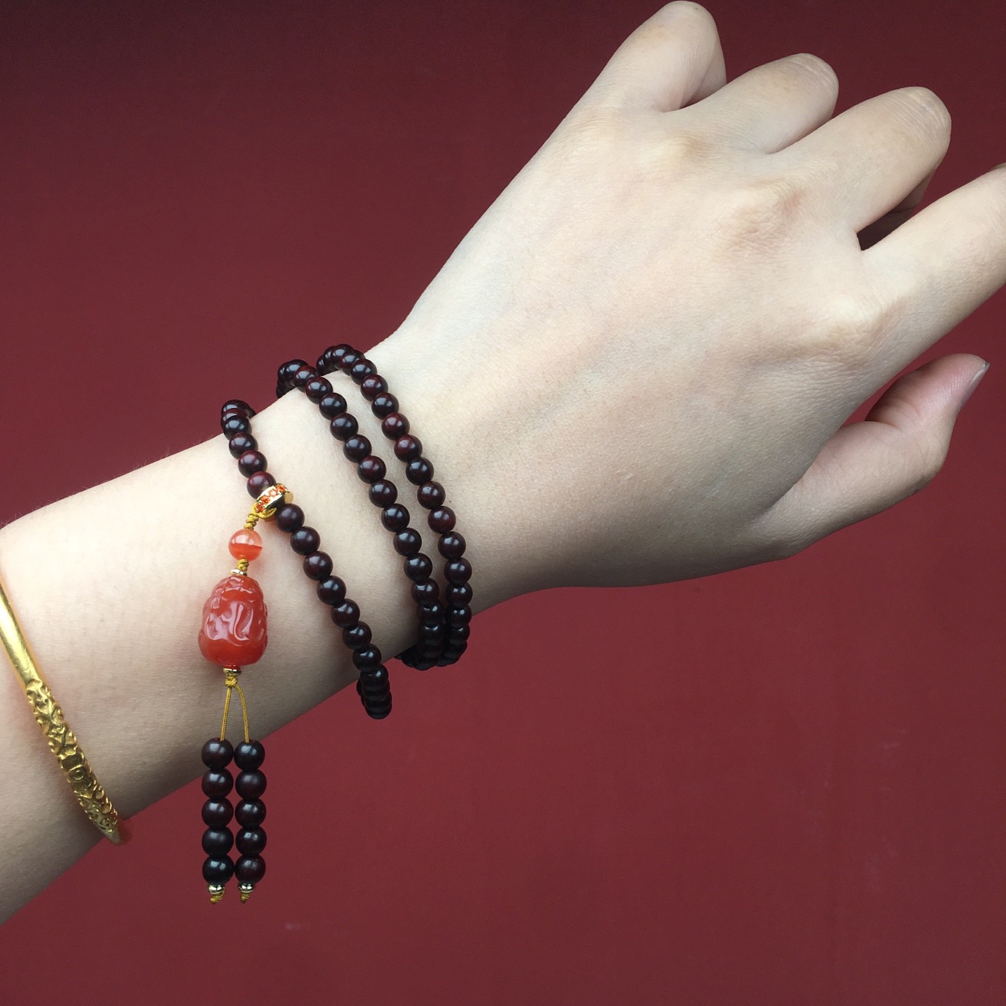 正品印度小叶紫檀南红玛瑙貔貅双圈手串招财纳福国风文玩佛珠手链
