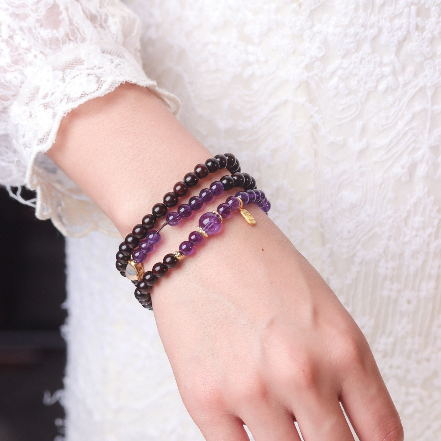 小叶紫檀手串6mm三圈紫水晶念珠檀香木质文玩佛珠手链女高级感盘