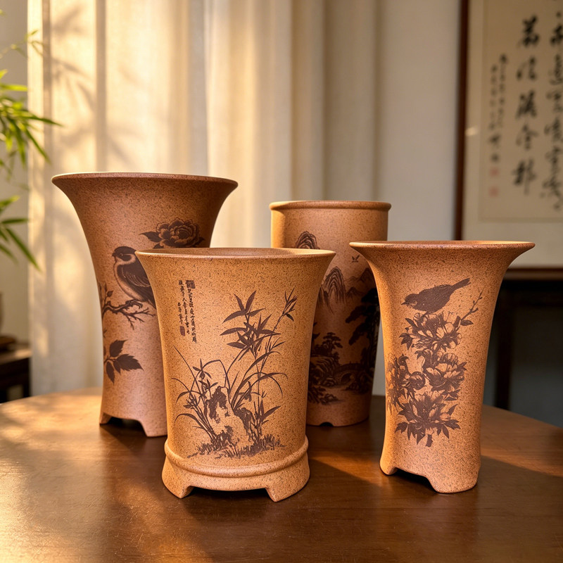 宜兴柴烧兰花专用盆精美刻绘