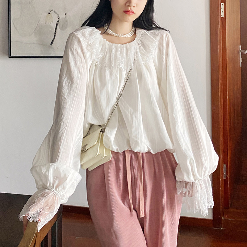 白色宽松气质长袖蕾丝丝绵衬衫女图片
