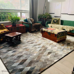 地毯客厅茶几垫北欧风灰色几何后现代手工牛皮拼接奢华地毯
