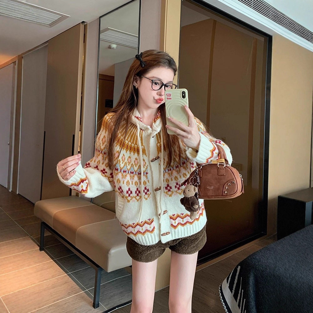 园园美衣帽毛衣外套女2026新款秋冬加厚软糯慵懒高级感针织衫上衣