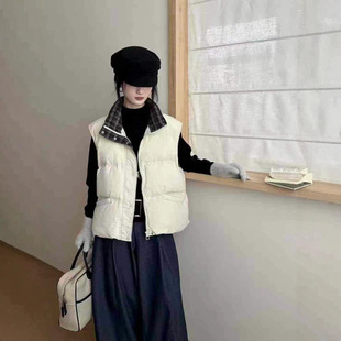 园园美衣棉马甲女加厚保暖格子布拼接马夹坎肩学院风开衫马甲新款