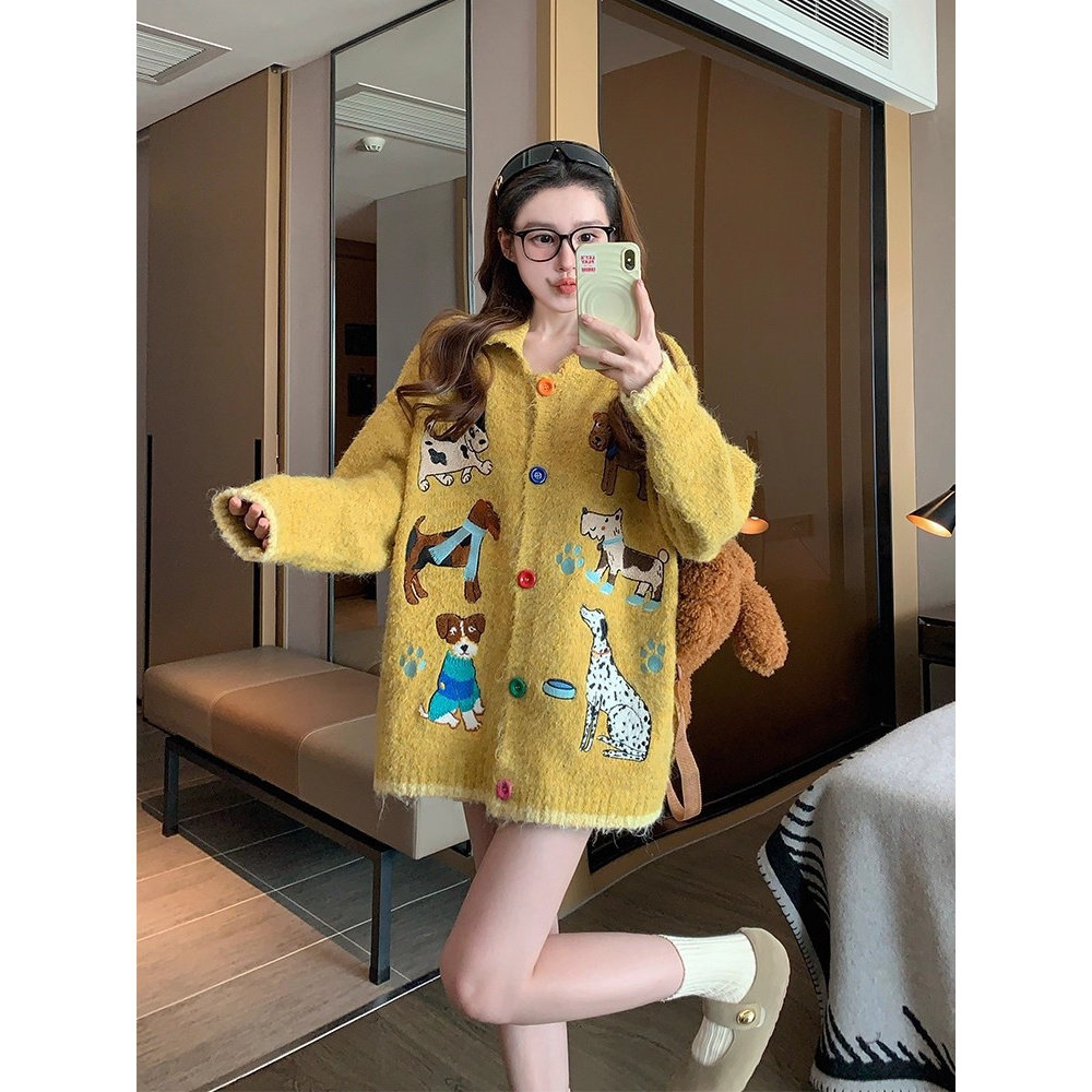 园园美衣小狗毛衣外套女2026新款冬季加厚宽松休闲重工针织开衫潮