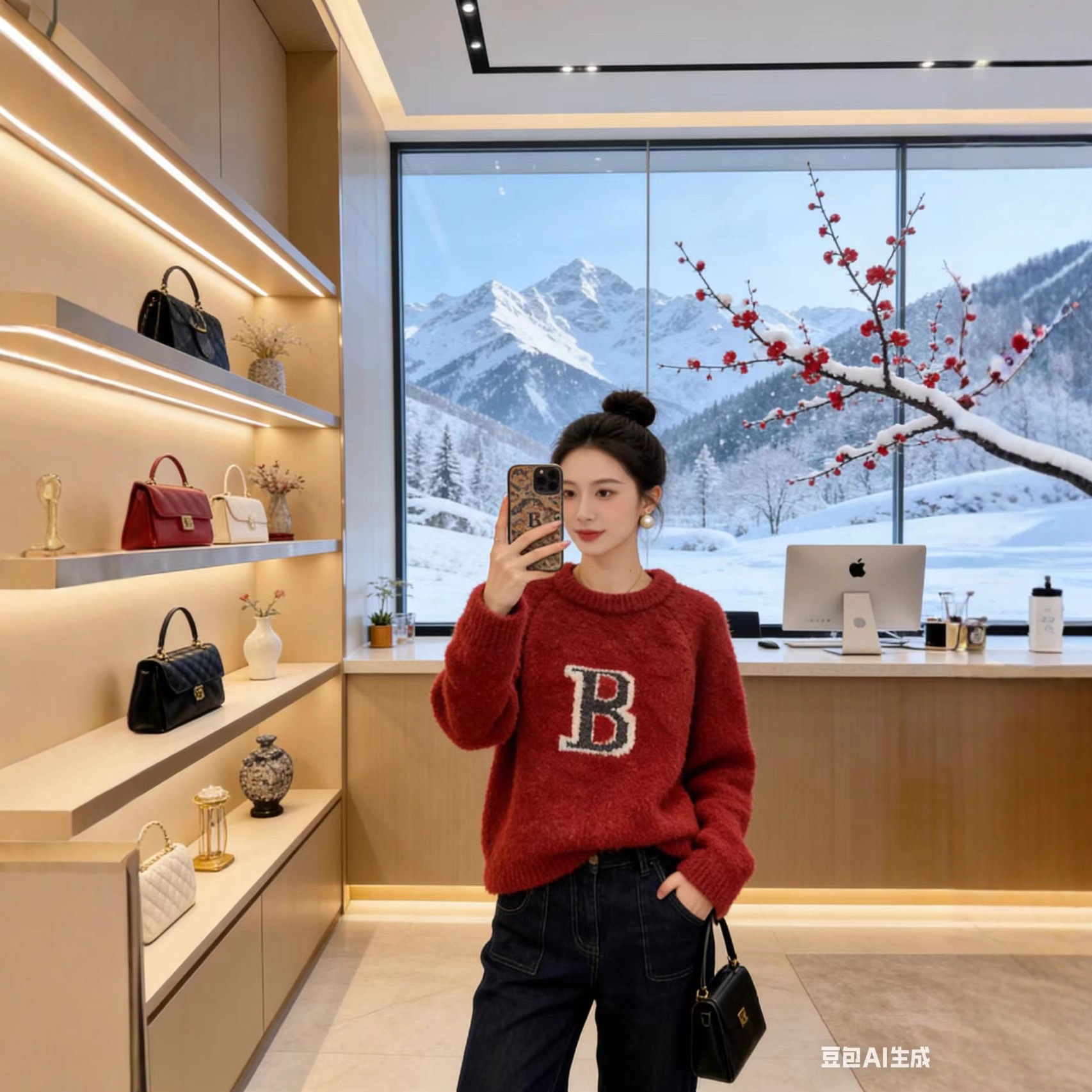 园园美衣风红色毛绒毛衣秋女冬慵懒宽松字母B 软糯圆领针织上衣女