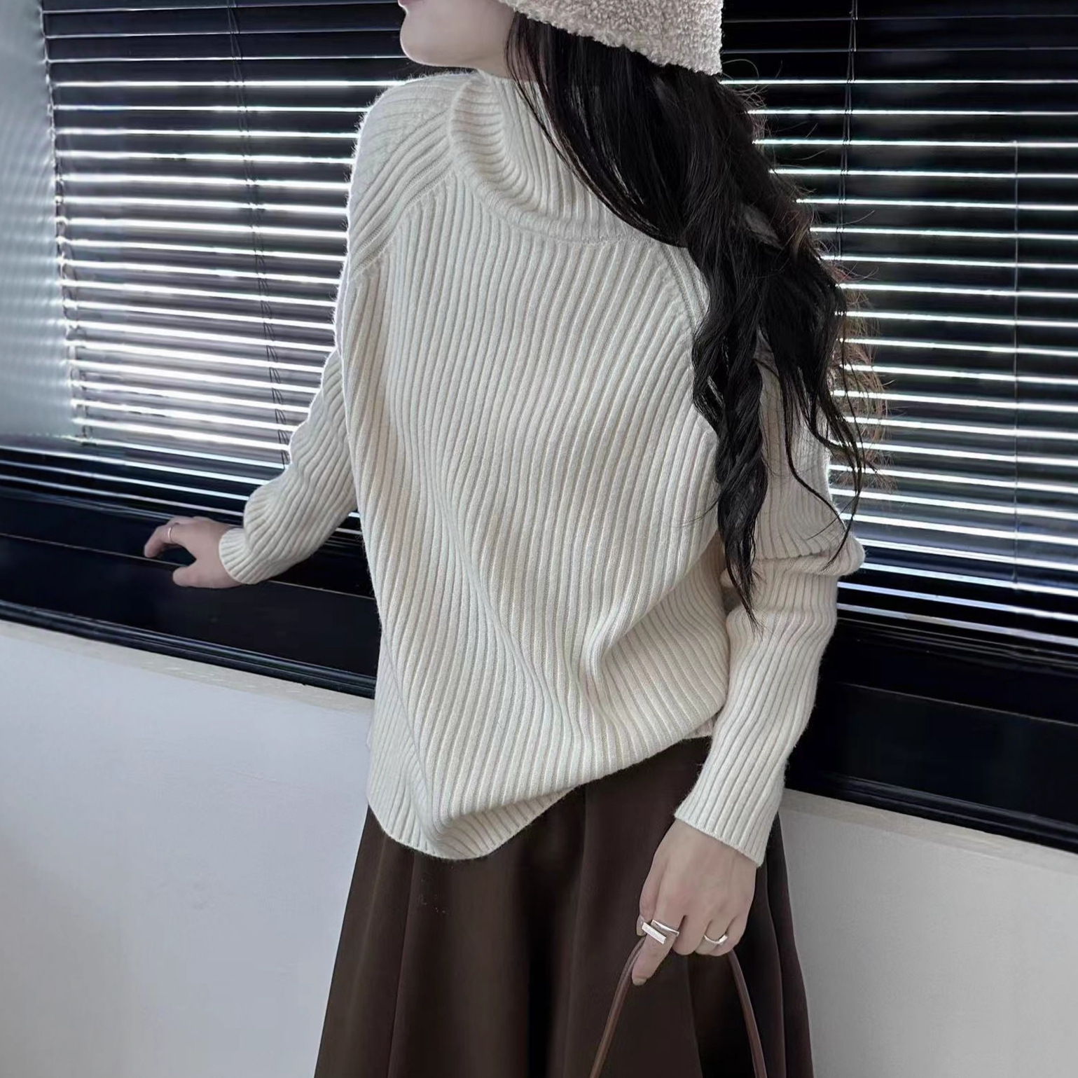 园园美衣韩系复古坑条高领毛衣女