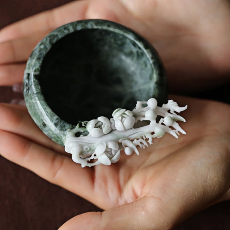 【梅香四溢】天然独山玉芙蓉玉精雕梅花笔洗小玉碗摆件一枚 惊艳