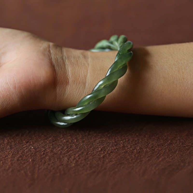 【那年夏天的挚爱】天然青海翠青玉满工仿古细圆条麻花手镯56MM