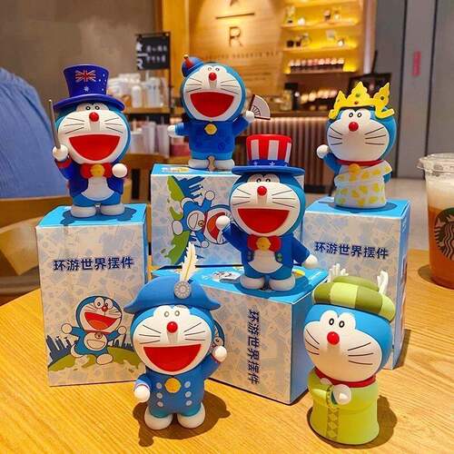 哆啦a梦环游世界盲盒潮玩动漫公仔手办桌面摆件车载玩偶生日礼物