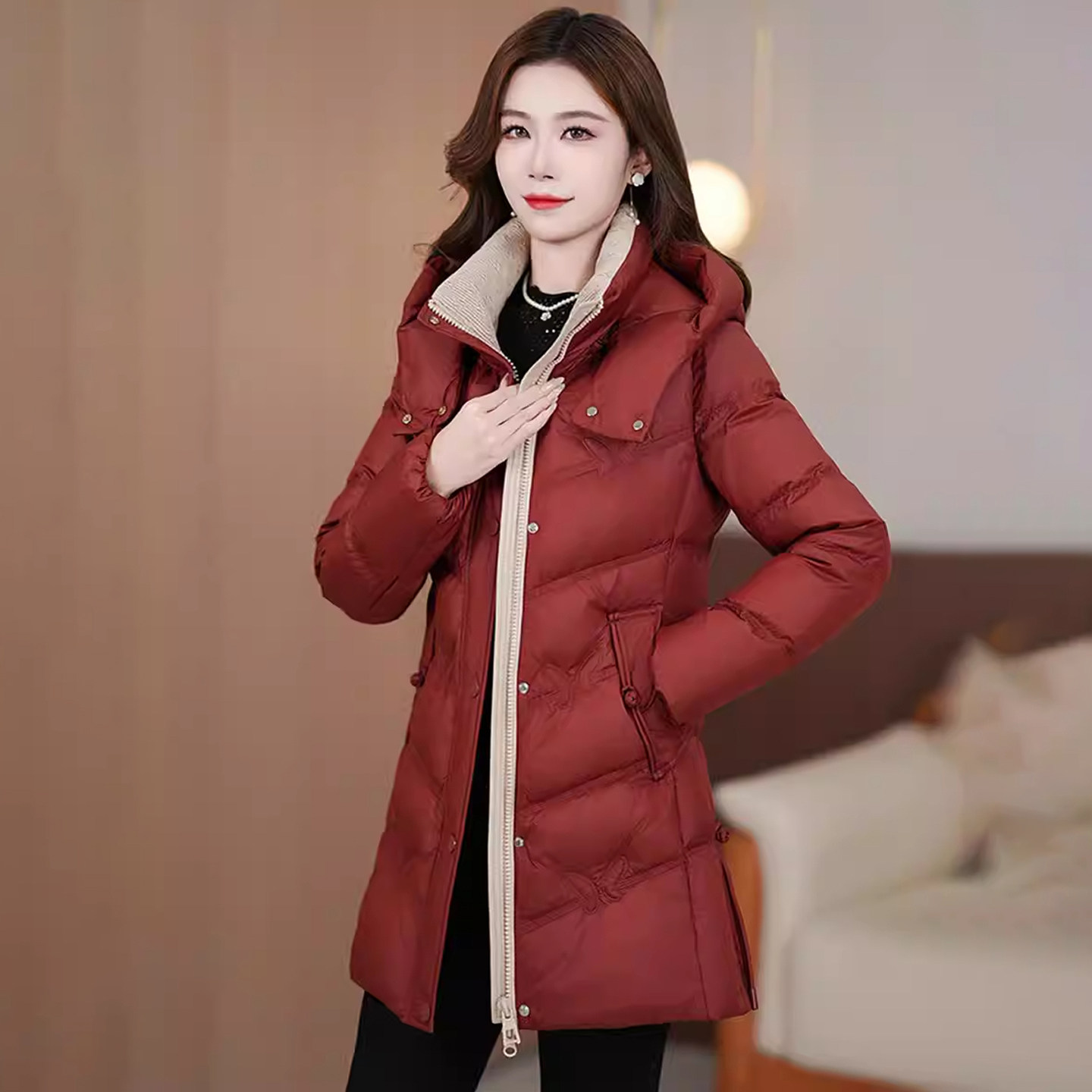 中长款羽绒棉服女士大码中老年修身冬装连帽袄子时尚妈妈棉衣外套