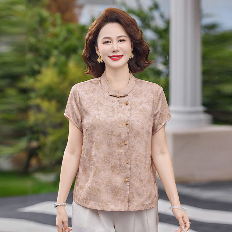 妈妈夏装新中式T恤小衫2026新款中老年女夏季国风旗袍领上衣套装