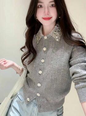 M家2025早春新款法式蕾丝花边领钻饰针织开衫上衣