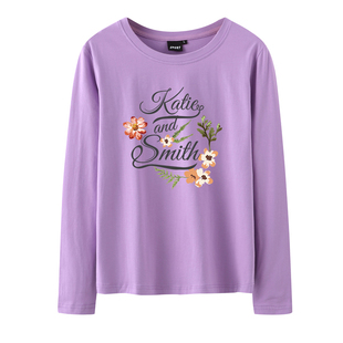 百搭打底上衣加大码 减龄印花T恤女宽松休闲圆领长袖 新款 2024春装