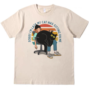 猫猫T恤复古vintage男女宽松纯棉短袖 百搭美式 tee late sorry