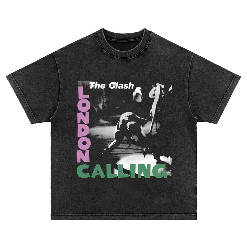 the clash朋克 美式vintage水洗做旧重磅纯棉宽松长短袖T恤男女
